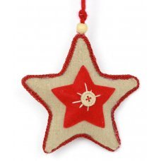 Χριστουγεννιάτικο Κρεμαστό Υφασμάτινο Αστέρι, Καφέ και Κόκκινο με Κουμπί (12cm)